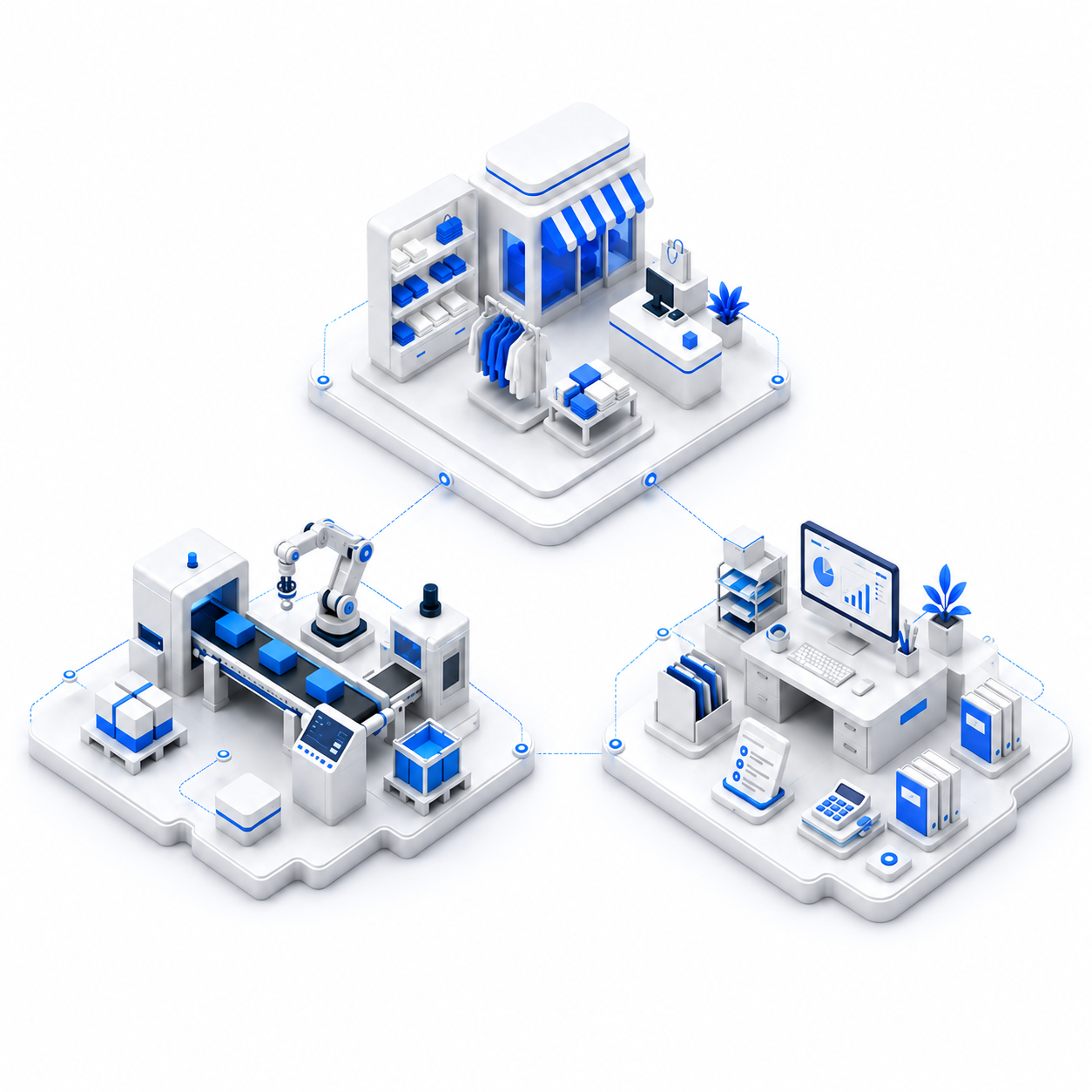 Illustration isométrique des secteurs d'activité connectés : commerce, industrie et bureaux